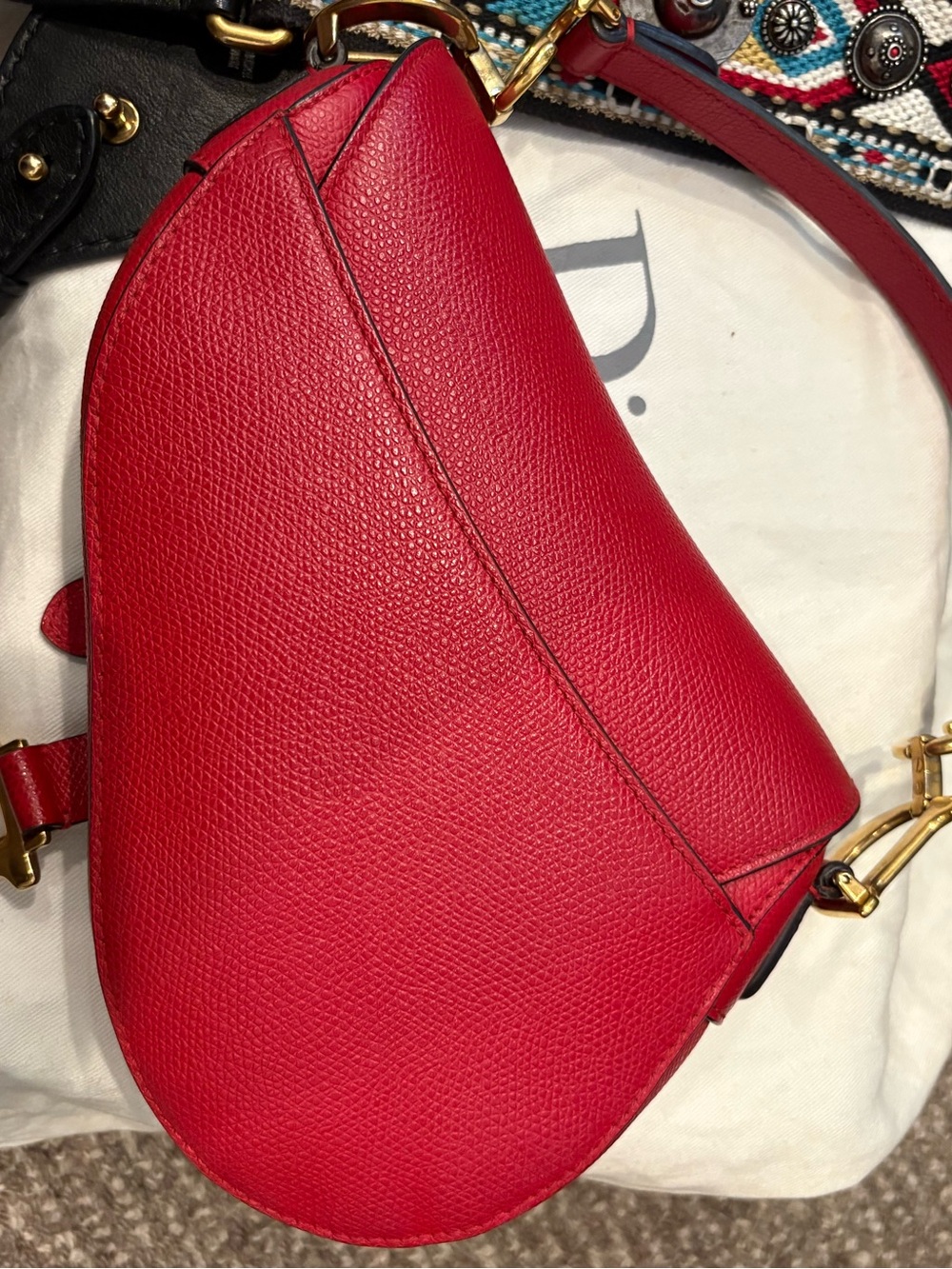 Dior Red Mini Saddle Bag with Aztec Embroidered Guitar Strap - EUC w CoA! - Picture 4 of 16